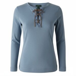 Lauren Ralph Lauren Light Blue Lace-Up Henley Top Small Long Sleeve Cotton